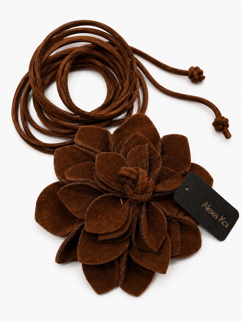Alexa Koi Petite Brown Faux Suede Flower Wrap Belt – 86” Adjustable Tie Belt